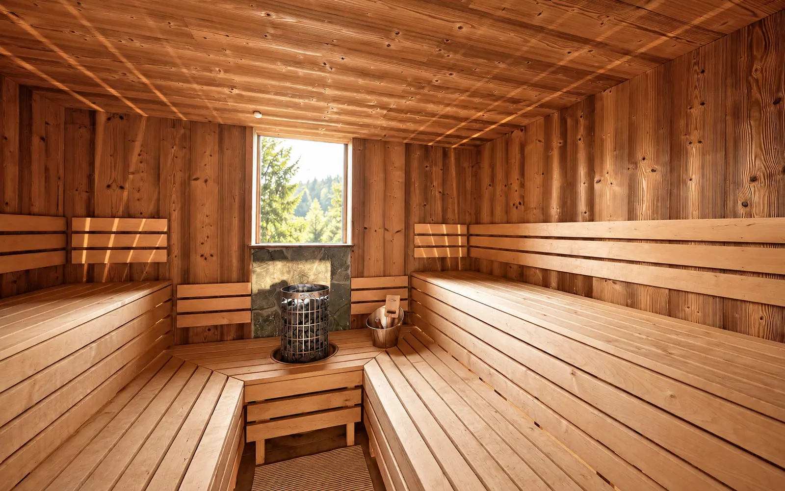 Finská sauna s prosklenou stěnou do zahrady
