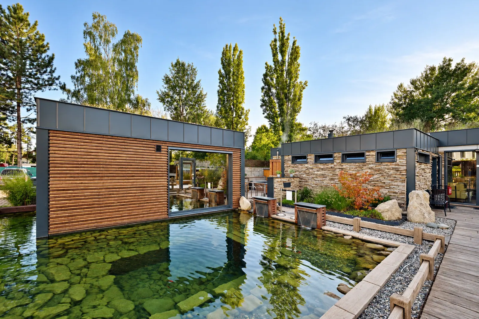 Přírodní jezírko s wellness pavilonem v pozadí
